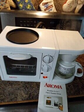 3-in-1 Breakfast Station Toaster Oven, Coffee Maker & Griddle - White Aroma